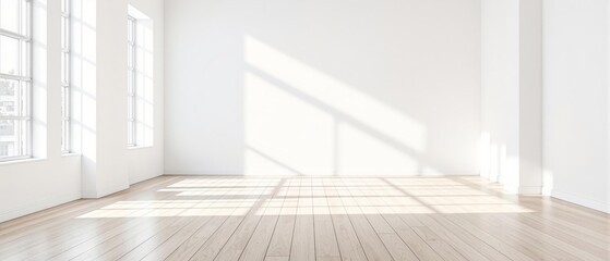 Fototapeta premium room with large window and wooden floor, sunlight coming through the window creating shadows on the wall, green plant adding freshness, background for product presentation. banner