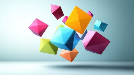 Abstract 3D geometric shapes in vibrant colors floating against a minimalist background, creating a modern, visually engaging graphic design