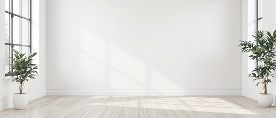 room with large window and wooden floor, sunlight coming through the window creating shadows on the wall, green plant adding freshness, background for product presentation. banner