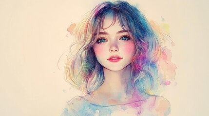 Naklejka premium Soft Watercolor Portrait of a Young Girl with Flowing Hair in Pastel Colors and Gentle Lighting