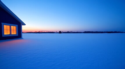 Serene Winter Scene: Cozy Cottage in Snowy Field at Christmas Dusk