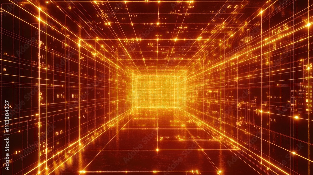 Poster abstract data grid with glowing dots and lines, creating a network-like pattern on a dark background