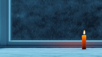 Solitude in Winter: Lonely Christmas Candle Glowing in Frosted Window