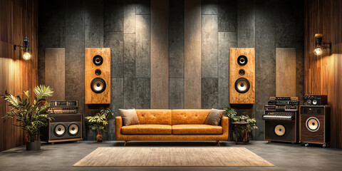 Stylish recording studio setup with vintage speakers and cozy sofa