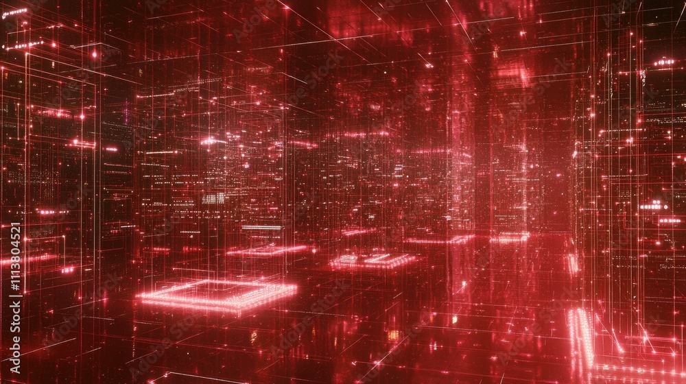 Poster abstract digital grid with interconnected nodes and glowing lights, representing data flow and high-