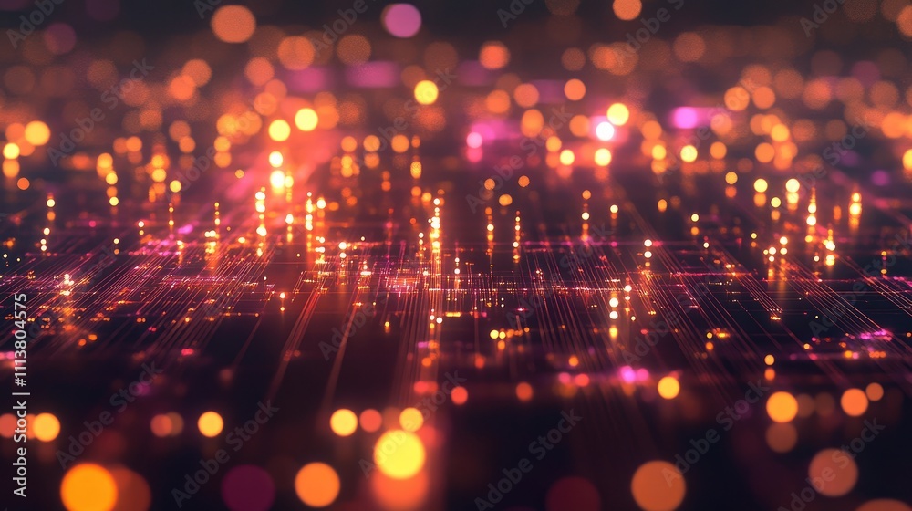 Poster abstract digital grid with interconnected nodes and glowing lights, representing data flow and high-
