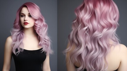 Fototapeta premium Stunning and creative ombre hair transformation showcasing a seamless transition from deep rich purple hues to delicate pastel pink shades creating a vibrant and fashionable look