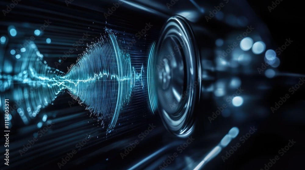 Poster an action shot of sound waves emanating from a high-quality car speaker, creating a dynamic visual r
