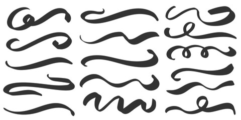 Swirl vector lines. Swashes and flourish underlines. Hand drawn calligraphic elegant swooshes. Curve vintage brush strokes. Squiggle scrolling elements. Simple doodle wavy shapes