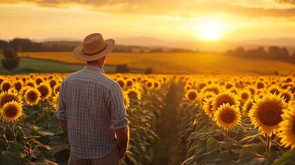 Fototapeta premium A farmer walks through a field of sunflowers as the sun sets.
