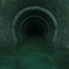 Obraz premium Dark, mysterious underwater tunnel with arched walls and water.