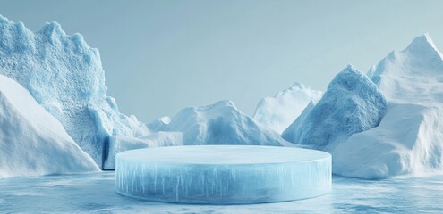 Abstract blue ice background with a podium for product presentation, the podium in the center of an icy landscape	

