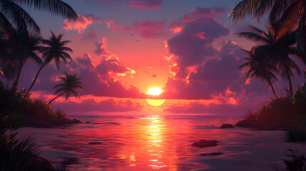Obraz premium Tropical Sunset Over Ocean Beach Palms