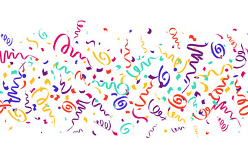 Confetti vector border isolated on white background for birthday party design. Color ribbons and falling serpentine decoration. Festive elements on white background