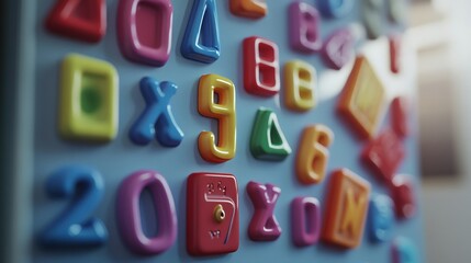 A magnetic drawing board with vibrant magnetic letters and numbers