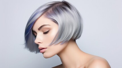 Naklejka premium A model with metallic silver and cobalt blue streaks styled in a sleek bob hairstyle showcasing a futuristic and edgy fashion look for a digital portrait or graphic