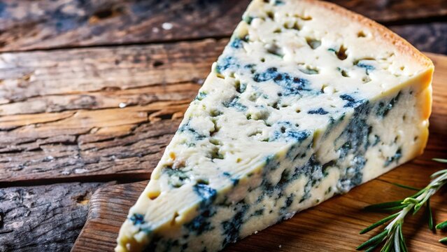 Close-up of a Wedge of Blue Cheese on a Wooden Cutting Board