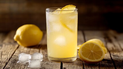 Fototapeta premium A tall glass of lemonade with ice and lemon slices, next to lemons and ice cubes.
