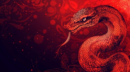 Obraz premium The Year of the Snake, A red snake with a long tongue is on a red background