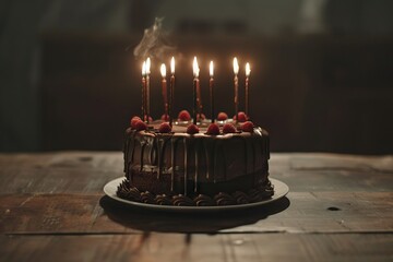 Chocolate birthday cake with blown out candles