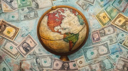 An artistic representation of a globe surrounded by currency notes from different countries, symbolizing global finance and international business