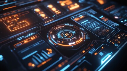 A futuristic digital interface with glowing blue and orange lights.