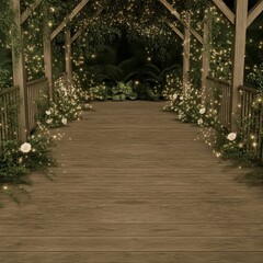Obraz premium Enchanting wooden bridge pathway adorned with lights and flowers at night.