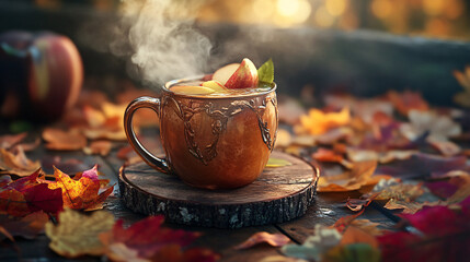 autumnal hot apple cider in rustic mug on log slice with fall leaves