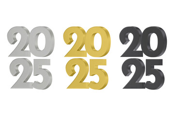 3D vector numbers 2025 in a silver color. Design object for New Year greeting cards, advertising banners. Metal numbers are bold and sleek, and with sharp edges. 3D element isolated on white