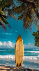 yellow surfboard leaning against tropical palm tree on sandy beach  with blue ocean and waves  in the background