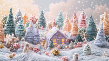 A colorful scene of a house and trees with a snow-covered ground