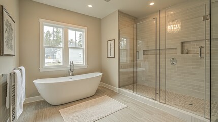 An elegantly designed minimalist bathroom showcasing a freestanding tub, a walk-in shower with clear glass, and neutral tiles, creating a tranquil spa-like atmosphere