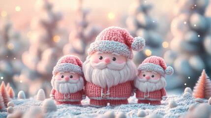 Obraz premium Adorable cartoon Santa Claus , set against a detailed hand-knit landscape in pastel tones, enchanting and cozy Christmas setting