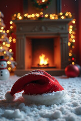 暖炉、サンタの帽子、クリスマスツリー
