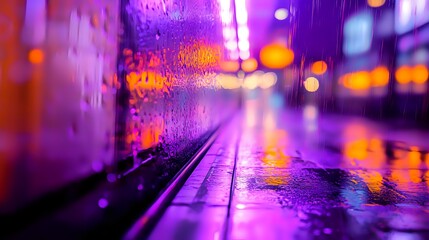 Rainy night city street reflection, neon lights.