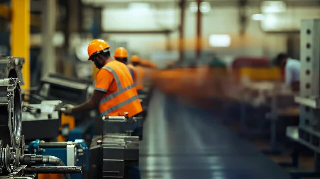 Workers in bright uniforms operate machinery and equipment in a bustling manufacturing plant, faster process