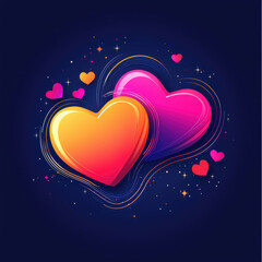 Colorful hearts in vibrant shades of orange and pink, surrounded by smaller hearts and sparkles, create joyful and romantic atmosphere
