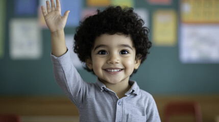 Happy child raising hand in classroom, eager to participate and learn