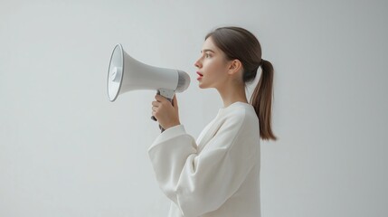Woman holding megaphone for speaking, banner for announcements, print for self-expression for National Women's Empowerment Day
