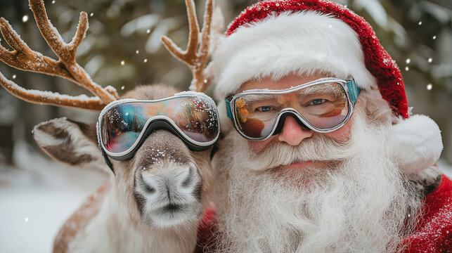 lustige Gru&szlig;karte zu Weihnachten mit Weihnachtsmann und Rentier mit Skibrille lustiges Weihnachtsmotiv f&uuml;r Weihnachtskarte Generative AI