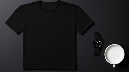 Black t shirt, watch, and cup on dark background create stylish look