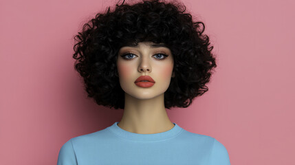 Obraz premium woman with curly hair poses against pink background, exuding confidence