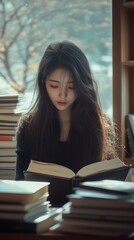 A young woman sits absorbed in a book surrounded by stacks, enjoying a peaceful moment in her study space.