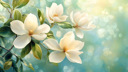 A serene depiction of magnolia flowers against a soft, blurred background.