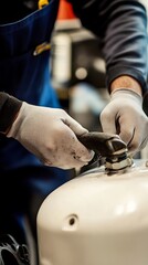 Close-up photo of a mechanic wearing gloves, adjusting a fuel hose connected to a white tank, showcasing detailed hand work.
