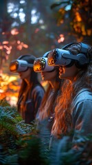 Three people immersed in a virtual reality experience, surrounded by lush greenery, blending technology with nature exploration.