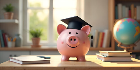 Piggy bank with a black graduation hat with coins as educational loan symbol