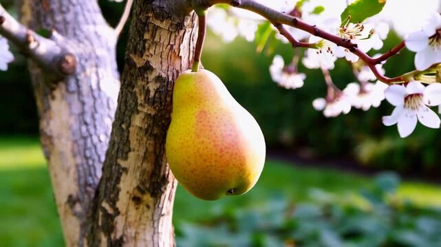 Big ripe juicy organic pear on a pear tree in an orchard