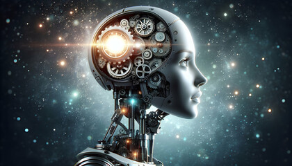 AI Robot Background A humanoid robot gazing upward, its left side revealing mechanical gears while its right side shines4