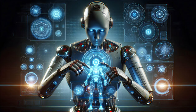 AI Robot Background A humanoid robot assembling a holographic presentation model with glowing elements and sleek tech de2